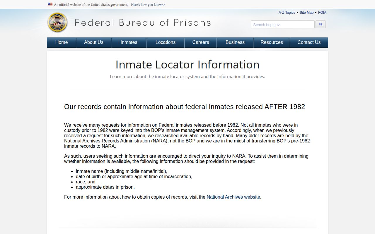 Federal Bureau of Prisons locator release status and date explanation