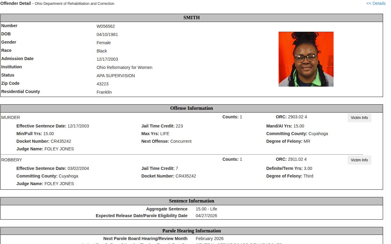 ODRC example with Pike County release date and parole-related fields