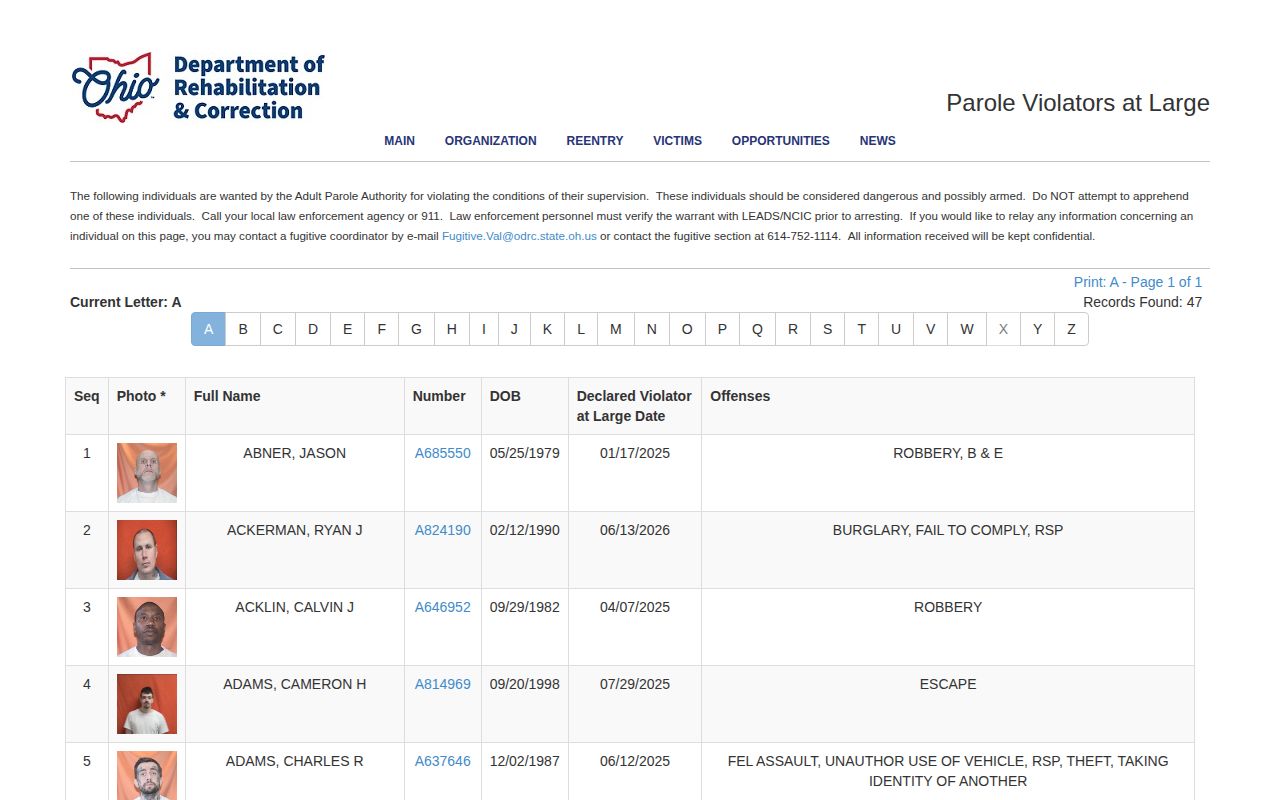 ODRC Violators at Large lookup for Pike County parole status